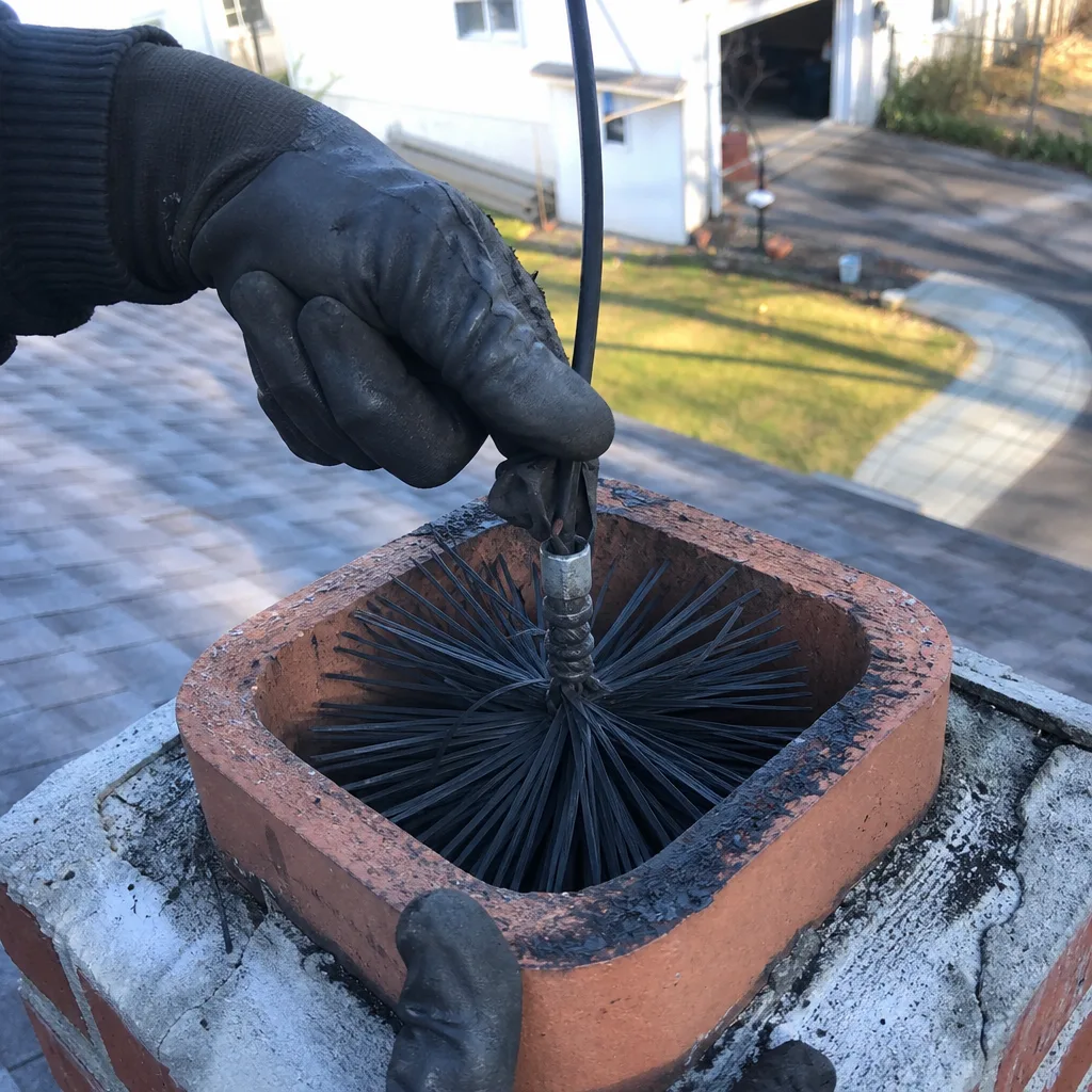 Professional chimney sweep cleaning a brick chimney stack with a wire brush