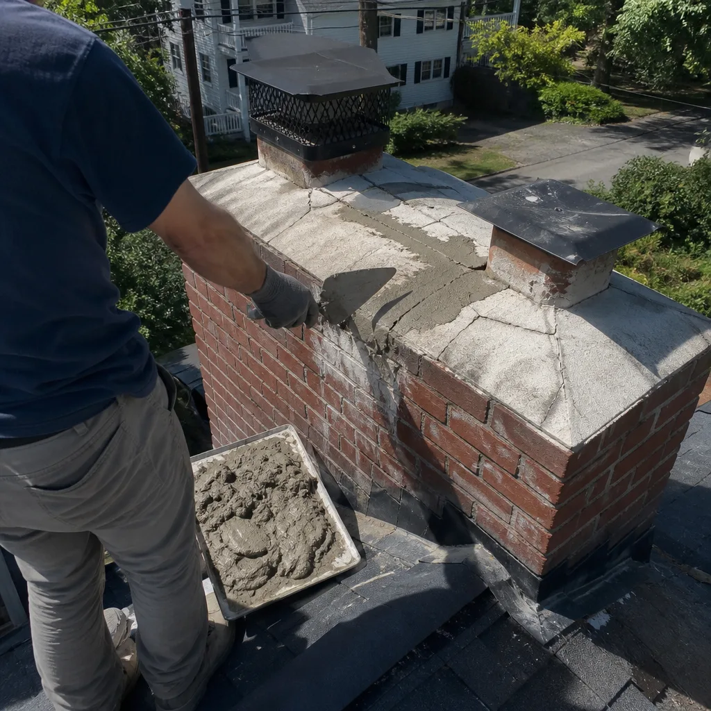 Professional contractor performing brick chimney crown repair and masonry maintenance.