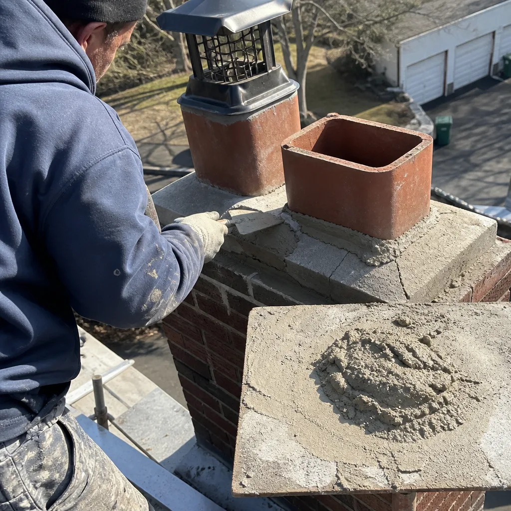 Professional contractor performing chimney crown repair and masonry work on roof
