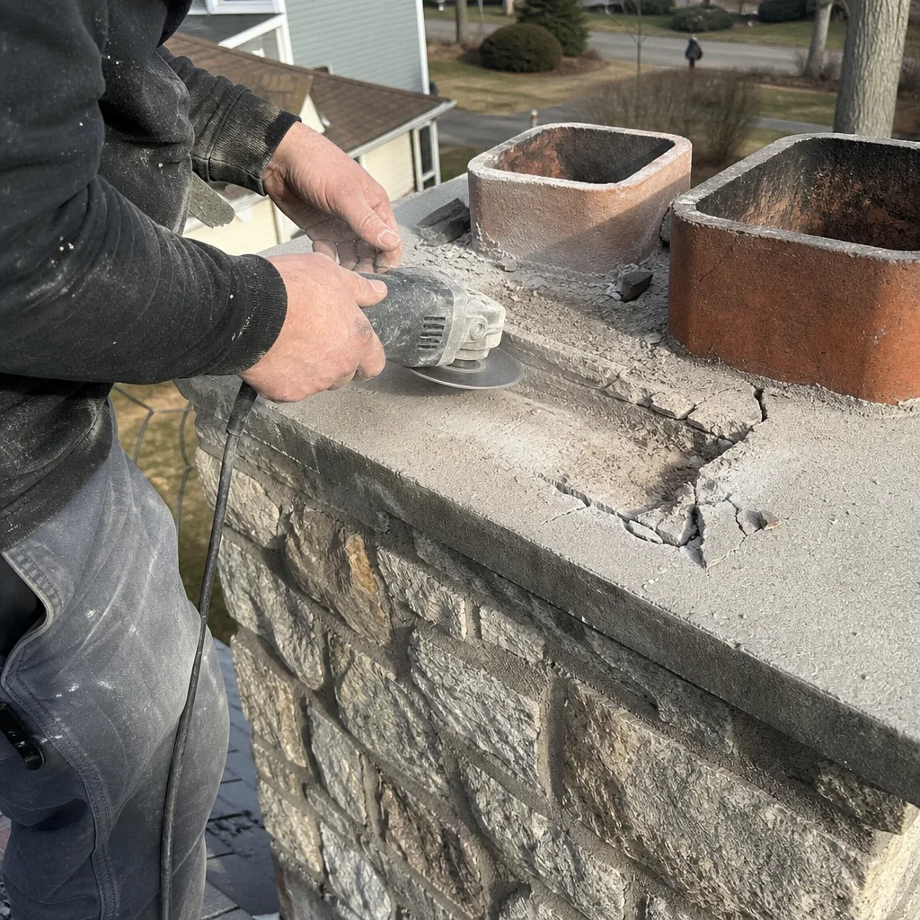 professional repair technician using an angle grinder on a stone chimney