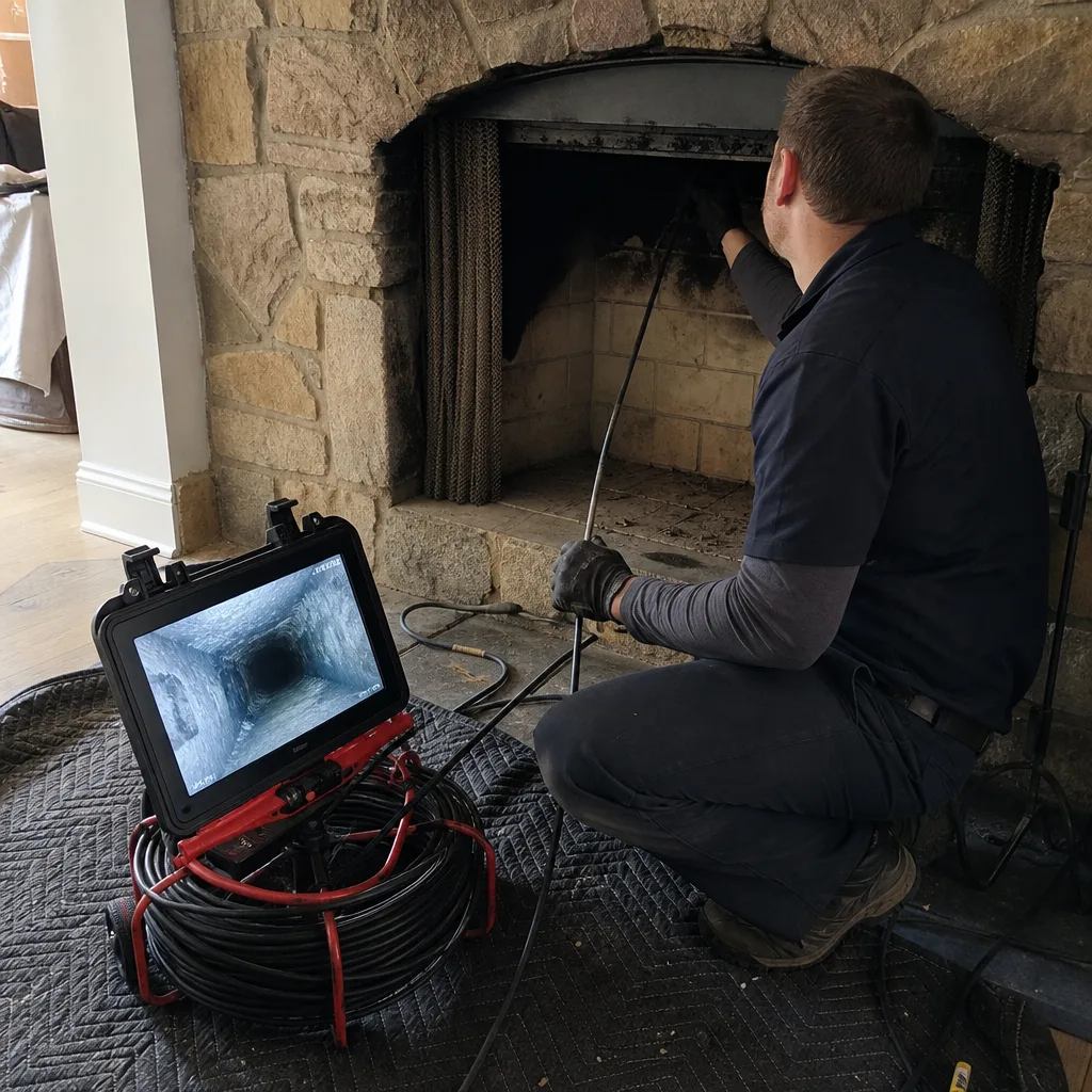 Professional technician performing a chimney inspection with a camera system.
