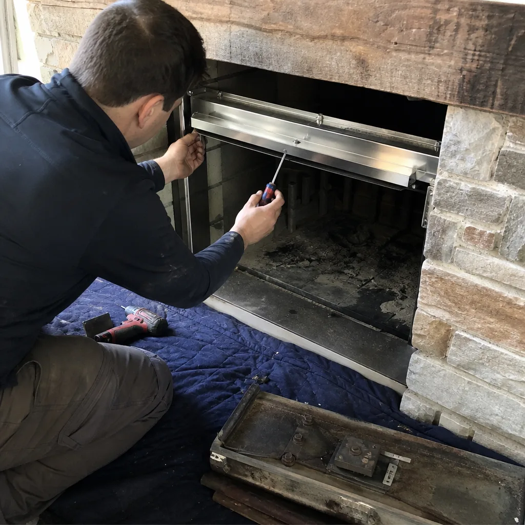 Technician performing professional fireplace maintenance and repair on a stone chimney.