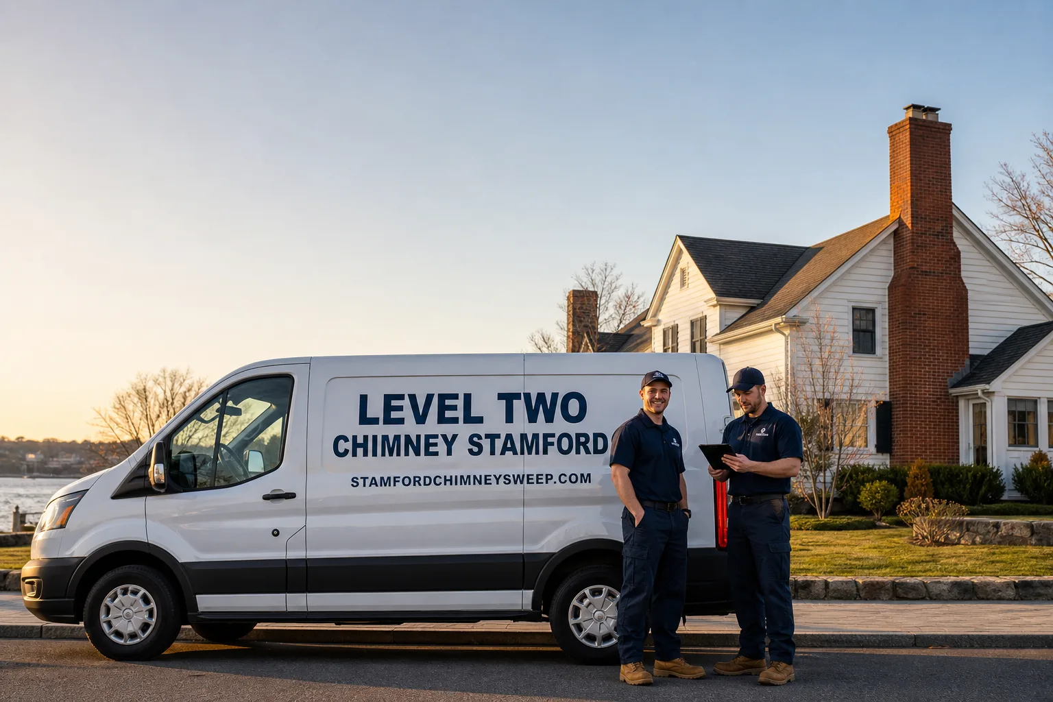 Level Two Chimney Stamford chimney cleaning service vehicle and crew in Stamford, CT